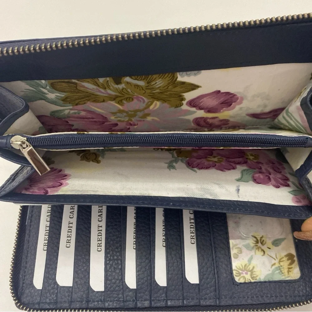 Estalon Womens Zip around Leather RFID Protection Wristlet Wallet Dark Navy Blue